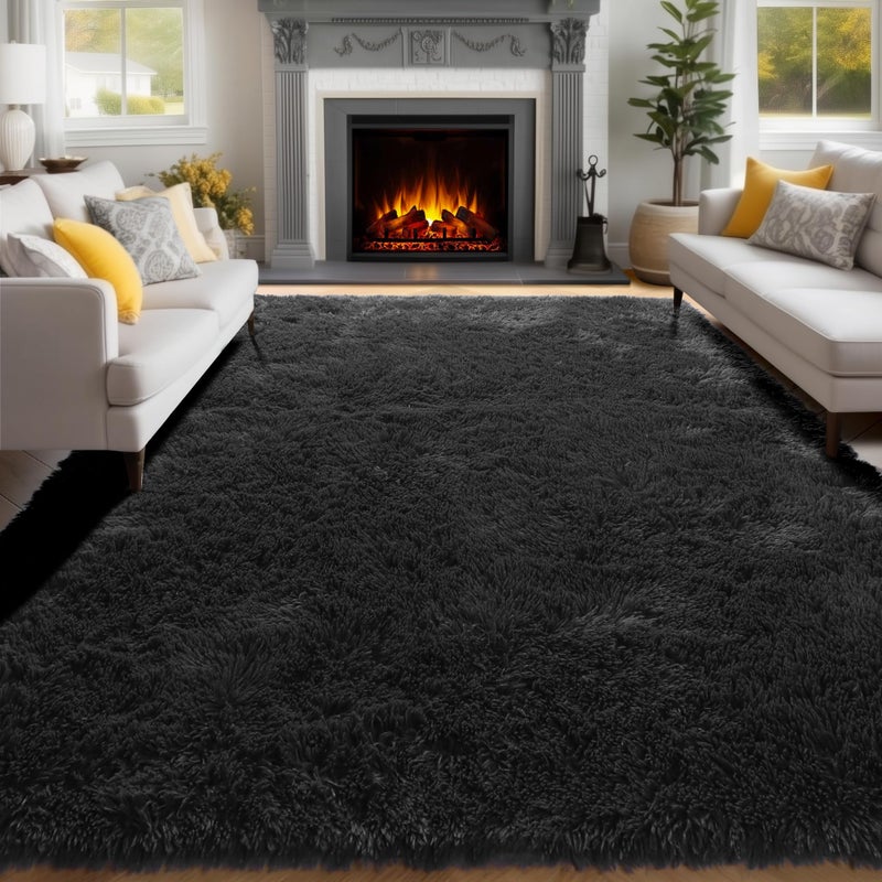 PAGISOFE Black Fluffy Shag Area Rugs for Bedroom 5x7, Soft Fuzzy Shaggy Machine Washable Rugs for Living Room,Plush Nursery Rug Kids Room Furry Floor Rug Boys Carpet for Teen Dorm Black Room Decor - Image 3